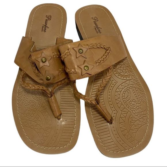 Passofino Brazil Tan Leather Sandals Boho Thong Sandal Dressy Flats Size 10 - Picture 2 of 11